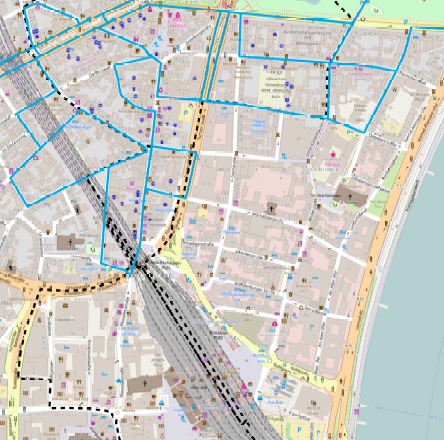 Auszug aus einem Stadtplan mit Stichproben-HUs und Begehungsroute für Screener (© IÖR)