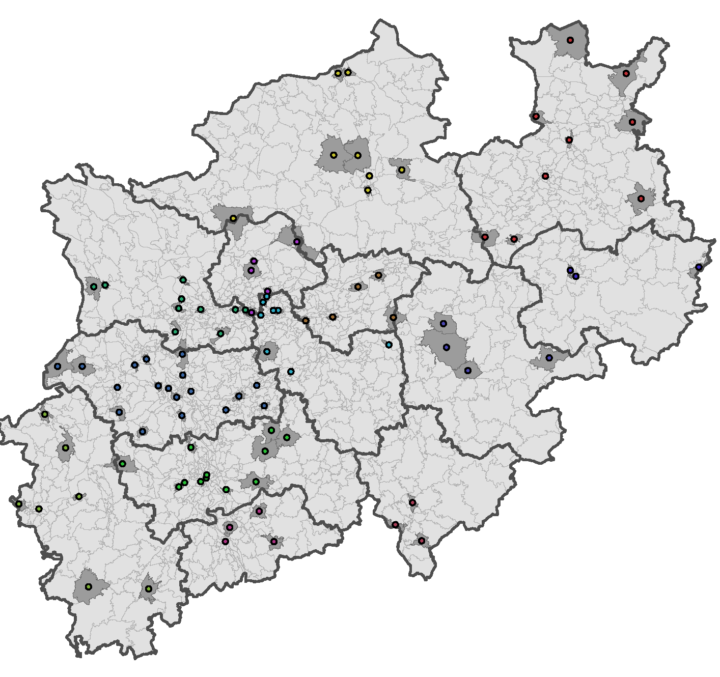 Auf der ersten Stufe der Stichprobenziehung in NRW gezogene Erhebungsbzirke (© IÖR)